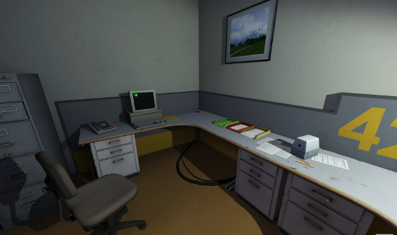 Captura de tela oficial de The Stanley Parable: Ultra Deluxe mostrando a baia de escritório de Stanley, com a porta 427